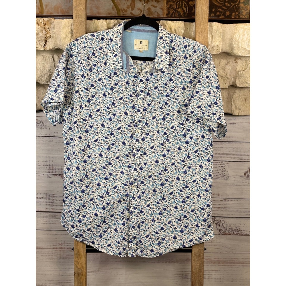 Steel & Jelly London Mens XL Blue White Floral Ditsy Cotton Short Sleeve Shirt